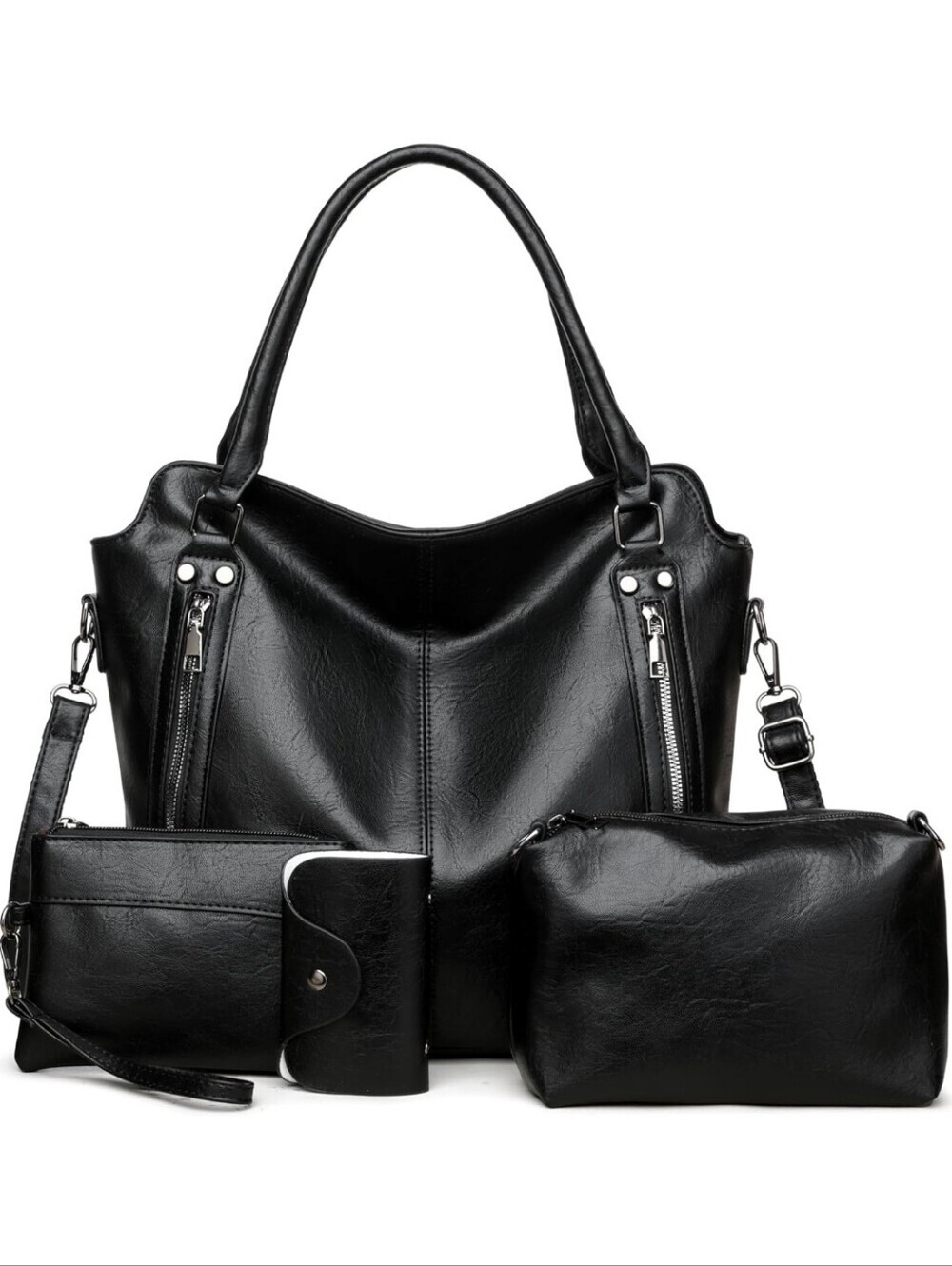 NEW Classic Black Tote Set - 4 Piece Womens Handbag Collection
